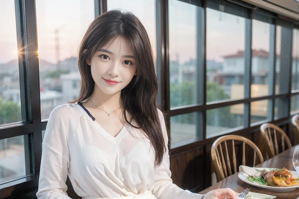 ((Highest quality、8K、masterpiece:1.3))、Sharp focus:1.2、Beautiful woman perfect body:1.4、Slim body、((Bob Hale、Straight hair:1.2))、(to be born, Highest quality, masterpiece:1.5), (Realistic, Intricate details:1.2), Wine Glass on the Table、Shine light on your face、 Amazing view of the sunset sky and clouds、Amazing mountain views、A bright smile、A lovely woman with a smile、Bright image、2. The beauty of wine, Beautiful Face, blue eyes, The light shines on your face, Blushing, short hair,Bright Face、Fox face、 (43 years old), 39 years old, Lady、red wine 、Appetizers、Italian food、Wine bottle、champagne、sparkling wine、Two beauties、Brown Hair、Shortcuts、Long sleeve shirt、dress、Beautiful woman 1, (Slim face), (The body is slim), (Brown Hair), (Shortcuts), cheeks turn a little red,Attractive beauty、, Out of the window, Beautiful and detailed night view.........., restaurant, In a prominent place (From the waist up) Nova Frog Style, actress, Model, Upper Body, White wine, slim, wine glass, A wine glass placed in the middle, smile, (smile: 1.15), Beautiful fine grain, Depth f/2,saturation, High Contrast, Strong light and shadow,Moist Body:1.5、3D texture、Delicate eyes、Brown Hair、The hair is very shiny、