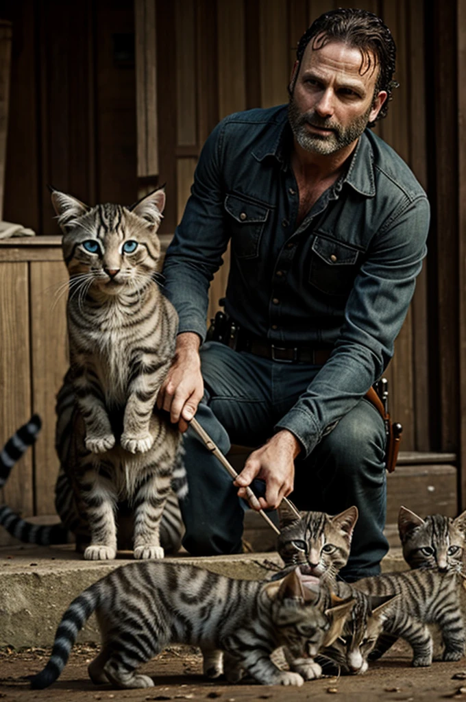 Rick grimes from the walking dead playing with kittens