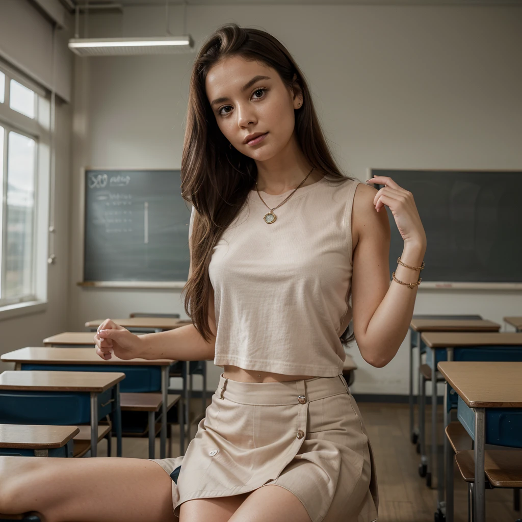 1girl in, 30 years old, Square face, Long hair, Looking at viewer, jewelry, Reality, Sexy, Short skirt outfit, classroom background , free pose