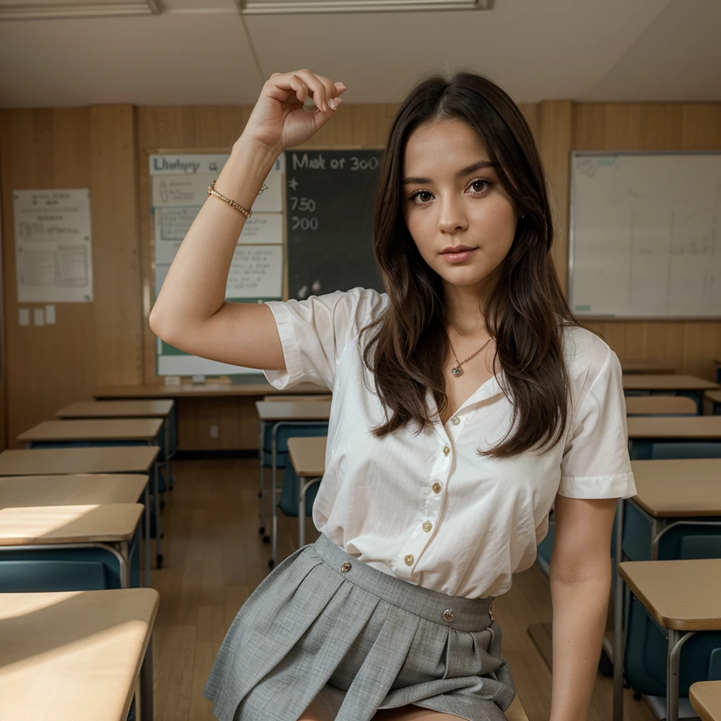 1girl in, 30 years old, Square face, Long hair, Looking at viewer, jewelry, Reality, Sexy, Short skirt outfit, classroom background , free pose