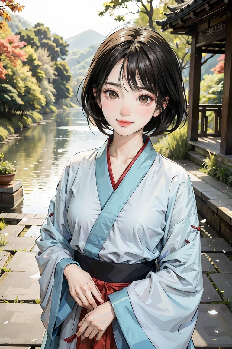 (masterpiece),best quality,good anatomy, shuimobysim,(1 girl:1), (upper body),(smile),short hair,(hanfu),(ecchi0.5), (trees:0.5), (flowers:0.6) ,(wooden house:0.2),(bamboo forest:0.2),(creek:0.2),(river:0.2), 