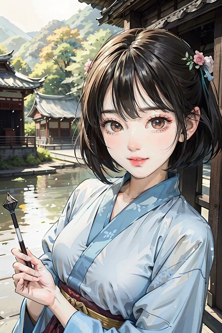 (masterpiece),best quality,good anatomy, shuimobysim,(1 girl:1), (upper body),(smile),short hair,(hanfu),(ecchi0.5), (trees:0.5), (flowers:0.6) ,(wooden house:0.2),(bamboo forest:0.2),(creek:0.2),(river:0.2), 