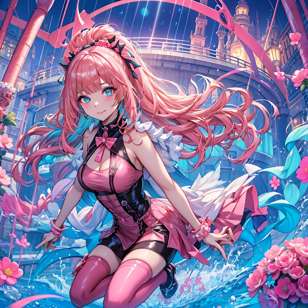 Smileんでいる Smile ,One beautiful girl ,Her arms are spread open adorably ,cute仕草 ,Blonde Long Hair Gothic Style Super Curly Hair Super long sideburns Hot pink turtleneck wedding love dress Hand-drawn anime university student Pool at night Hanging eyes looking at the camera Ribbon headband Aqua blue rubber pool for children Aqua Blue Rubber Sheets Aqua Blue Rubber Bed Blushing Salmon pink berry long rubber skirt Salmon pink rubber tights Salmon pink rubber inner Rubber Glossy Cloth Metal luster Chest mesh Multiple ribbons Soaked in the rain Salmon pink super long glossy rubber gloves Wet and see-through salmon pink rubber pantyhose Wet and transparent shocking pink garter belt cute Pitiful clear Big eyes Droopy eyes Pale pink rouge Salmon pink long metallic boots Salmon pink rubber bodysuit パフスリーブのcuteラバーチュニック