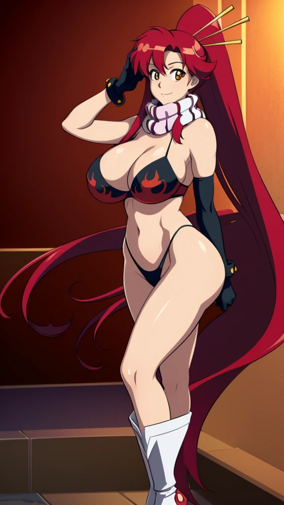 a girl princess tall sexy big breast pretty beauty attractive long red hair round her yellow eye shine pink scarf wide neck dresses beautiful black bra shape red flames shows navel curve wide sexy and a black thong thighs sensual wears black boot big long military black gloves