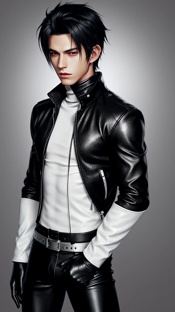 Final fantasy taste and reality graphics, Japanese young cute and cool ikemen boy, his age is early 20s, thin eyebrows and beady eyes, he wearing off white color leather thick singlebrest biker jacket, with epaulet, must close the front of the leather jacket, jacket is biker style, , jacket collar is high length stand-up collar with belts, jacket is a little black line pattern,close the front of the jacket, also wearing black thick turtleneck lackluster shirts, tight black leather pants, shiny black leather tight and thin glove, black leather knee-high raceup boots,must views head-to-toe,must views whole body, boy looks like fashion model,Do not show skin from the neck down,leather jacket leather glove and leather pants have few wrinkles,boy in the room,