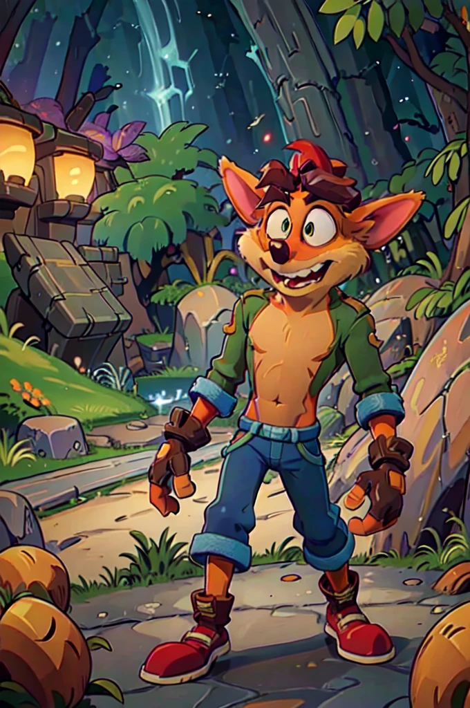 a cartoon anthro male bandicoot, camouflage pants, army boots, detailed face, detailed eyes, detailed nose, detailed mouth, highly detailed, photorealistic, 8k, masterpiece, cinematic lighting, dynamic pose, intricate details, lush environment, vibrant colors, digital art