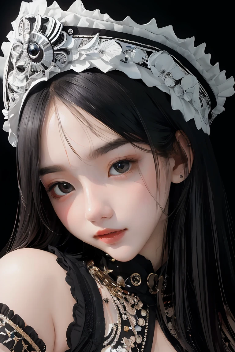 ((masterpiece, best quality, ultra-detailed, high-resolution)), solo, beautiful girl, gleaming eye, perfect eye, age 15, black white gold theme,