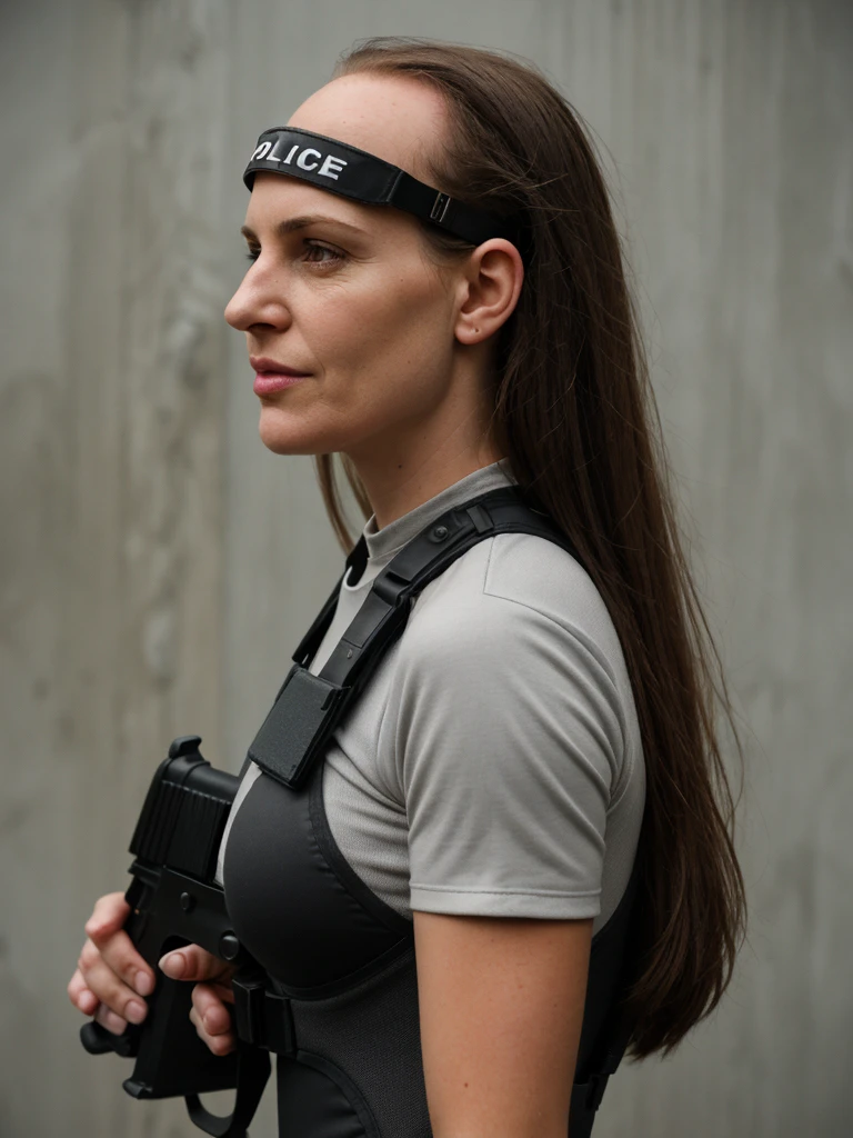 1girl, solo, photorealistic, realistic, long hair, ((ugly:1.5)), middle age, 40-year-old woman, wrinkles on her face and body, Caucasian woman, straight nose, dark brown hair, diamond face shape face, Wwhite skin, thin lips, monolid eyes, straight forehead, (medium shot, half body), Highest image quality, outstanding details, ultra-high resolution, (realism: 1.4), (cowboy shot, from side view, looking at another), the best illustration, favor details, highly condensed 1girl, with a delicate and beautiful face, ((holding a gun at the ready)), (wearing racing suit likes police uniform, black and gray mecha, wearing a visor, military harness, grenades, holding a machinegun or bring a machinegun, "SST"), background simple grey wall,