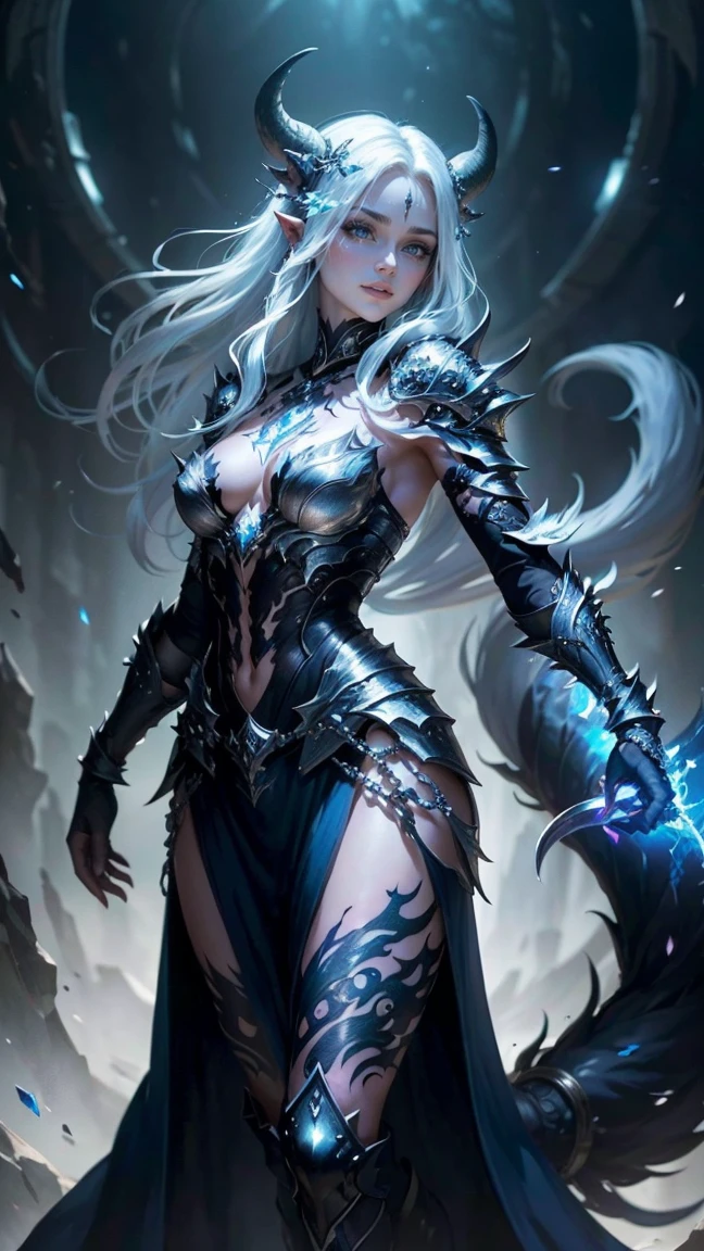 ((Highest quality、masterpiece、8K、Realistic、超High resolution:1.3、Very delicate and beautiful、High resolution))、Cinema Lighting、medium range shooting、Portraiture、Perfect female body、Opposition、Looking at the audience、((Six-armed demi-human from another world、Muscular body、Blue Skin、Sharp Eye、Long white hair、Weapons in each arm、Luminous tattoo、Intricately patterned skin、powerful claws、Battle Scars、Dark Armor))、Otherworldly background、(Beast-like teeth、Long tail、Sparkling Eyes:1.3)、Agile movement、Wicked Smile、Magical Talisman、Ancient Spell Book、Warrior Nobility、Glowing Accessories、decorated belt、Strong Boots、Ready to Battle、Mysterious Aura、Unique ears、Abnormal Appearance、Otherworldly landscapes、Giant shadow、Powerful aura、Ancient Treasure。