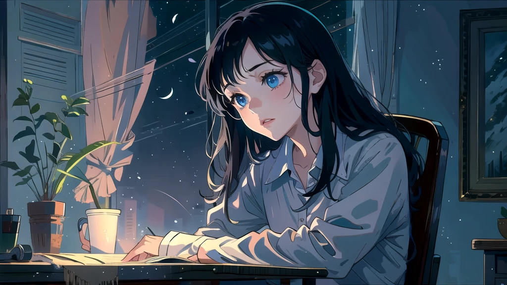 Create an illustration of a girl with black hair and blue eyes, sitting in a chair in front of a desk, Has a sentimental, introspective look。, The moonlight gently shines into the room, Gently illuminate the space, Curtains sway in the wind, Increase tranquility, Gloomy mood, Emphasise the theme of loneliness, silence, And the depths of night, The room is dark、Dimly lit by moonlight