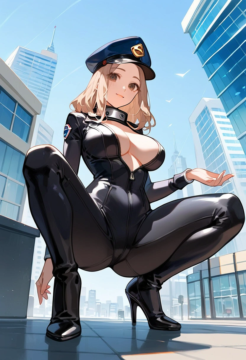anime artwork, score_9, score_8_up, score_7_up, score_6_up, score_5_up, score_4_up, r,Camie Utsushimi, light brown hair, dark brown eyes,, breasts, , big breasts, catsuit, cap, city, squatting, below view, , white heeled knee-high boots