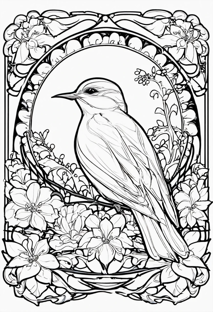 white and black bird with a white background, ploynesian, garden, art for coloring book page, full white background, only use outline, line art, clean line art, mandala for coloring with nature ornaments, simple and clean line art, adorned in Art Nouveau style, with a stroke of Alfons Mucha's brush, perfect details, real