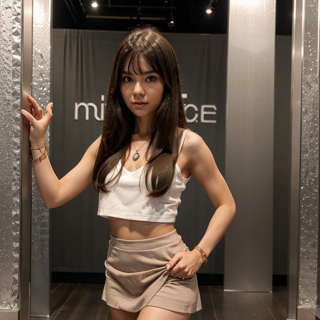 1girl in, 30 years old, Square face, Long hair, Looking at viewer, jewelry, Reality, Sexy, Short skirt outfit, fashion show backdrop , free pose