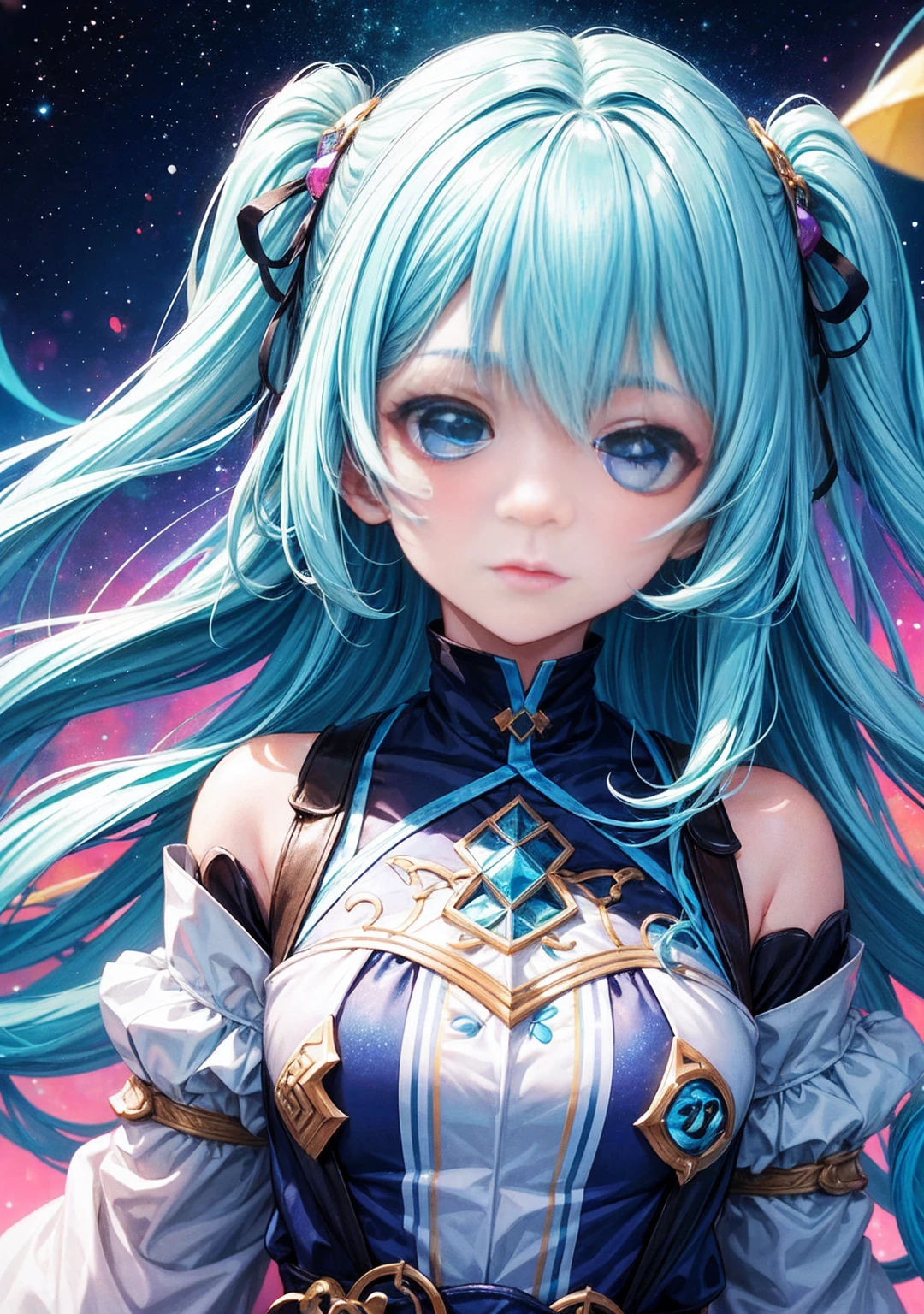 One girl, Hastune Mick, cute, colorful, Lovely, Close face, Face the viewer, Please open your eyes, High resolution, cyan hair color, colorful galaxy eyes, Side view, looking at the camera, cute, young, Long Hair, Fascinating, Face facing up
