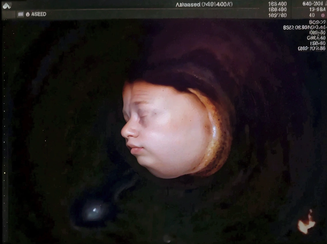Enhance this 4D ultrasound image of a 34 weeks fetus. Arafed image of a baby's face, fetus, high-resolution scan, Very chromatic aberration, extremely high-quality scan, Hyper-realistic simulation, high-quality scan, Bump mapping, High-quality 3D realism, simetry! human fetus, Realistic flesh texture, Heavy JPEG artifact blurred, Highly realistic bump mapping, high-resolution scan. A close-up image of a head with an image of a 34 weeks fetus, high-resolution scan, high-resolution scan, Escaneo 4K, Escaneo 4K, Escaneo HD, fetus, Close - IP shot, Tapa de pantalla, Medical imaging, Highly coherent image, Detailed analysis, screen capture, extremely high-quality scan, 8K scan, 8K scan, Detailed screen capture. face in profile. eyes closed