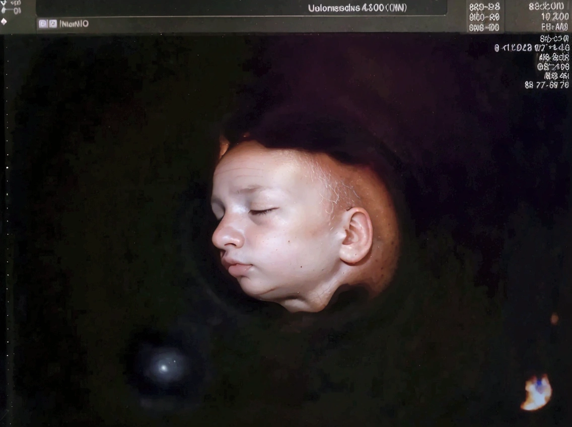 Enhance this 4D ultrasound image of a 34 weeks fetus. Arafed image of a baby's face, fetus, high-resolution scan, Very chromatic aberration, extremely high-quality scan, Hyper-realistic simulation, high-quality scan, Bump mapping, High-quality 3D realism, simetry! human fetus, Realistic flesh texture, Heavy JPEG artifact blurred, Highly realistic bump mapping, high-resolution scan. A close-up image of a head with an image of a 34 weeks fetus, high-resolution scan, high-resolution scan, Escaneo 4K, Escaneo 4K, Escaneo HD, fetus, Close - IP shot, Tapa de pantalla, Medical imaging, Highly coherent image, Detailed analysis, screen capture, extremely high-quality scan, 8K scan, 8K scan, Detailed screen capture. face in profile. eyes closed