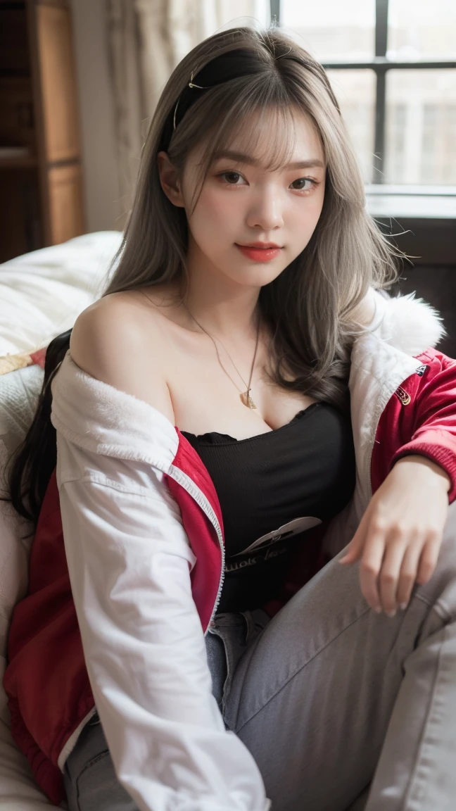 (masterpiece), (best quality), (ultra detailed),(illustration), (1girl),looking at viewer, (interview),beautiful detailed eyes, delicate beautiful face, Floating,(high saturation),(shining), large breast, frimadef, grey hair, white shirt, red jacket, fur trim, open clothes, off shoulder, black pants, torn pants, necklace, sleep mask, smiled