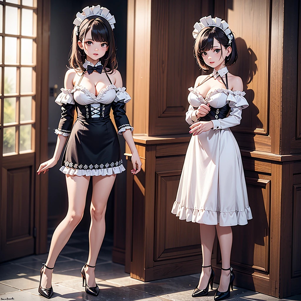 ((best quality)), ((masterpiece)), (detailed), , high quality, best quality, masterpiece, (Very detailed:1.2), (Extremely detailed:1.3),, Bare shoulders, ,Cleavage, ,Maid costume,character setting,full-body shot,