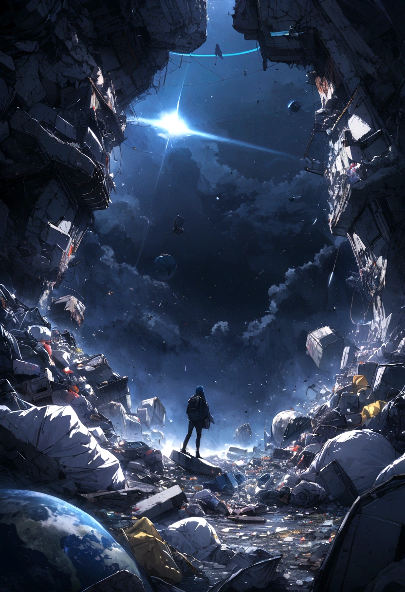 Earth surrounded by garbage in a dark blue environment