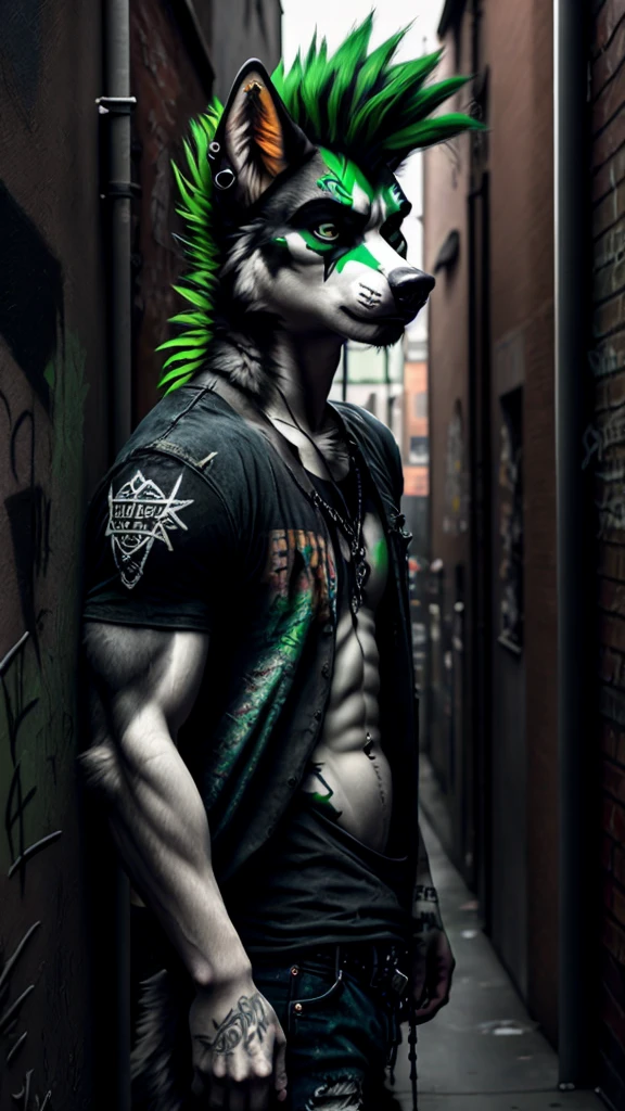 A anthropomorphic male wolf husky mix, green mohawk, green eyes, snake bite lip piercings, eyebrow piercings on right eyebrow, ear gauges, white face framed with black fur, wearing ripped up band tee and skinny jeans, spray painting street art on alley wall, street graffiti, urban environment, detailed tattoos, piercing, punk rock aesthetic, gritty urban style, moody dramatic lighting, highly detailed, 8k, photorealistic, cinematic composition