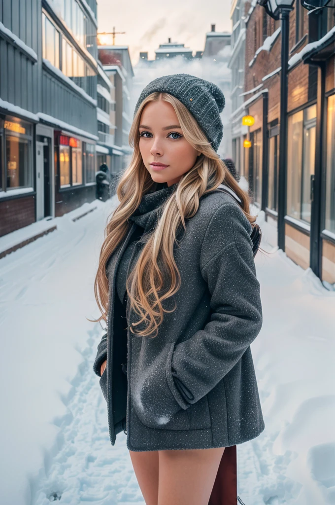 professional portrait photograph of a gorgeous Norwegian girl in winter clothing with long wavy blonde hair, sultry flirty look, gorgeous symmetrical face, cute natural makeup, wearing elegant warm winter fashion clothing, ((standing outside in snowy city street)), stunning modern urban environment, ultra realistic, concept art, elegant, highly detailed, intricate, sharp focus, depth of field, f/1. 8, 85mm, medium shot, mid shot, (((professionally color graded))), bright soft diffused light, (volumetric fog), trending on instagram, hdr 4k, 8k