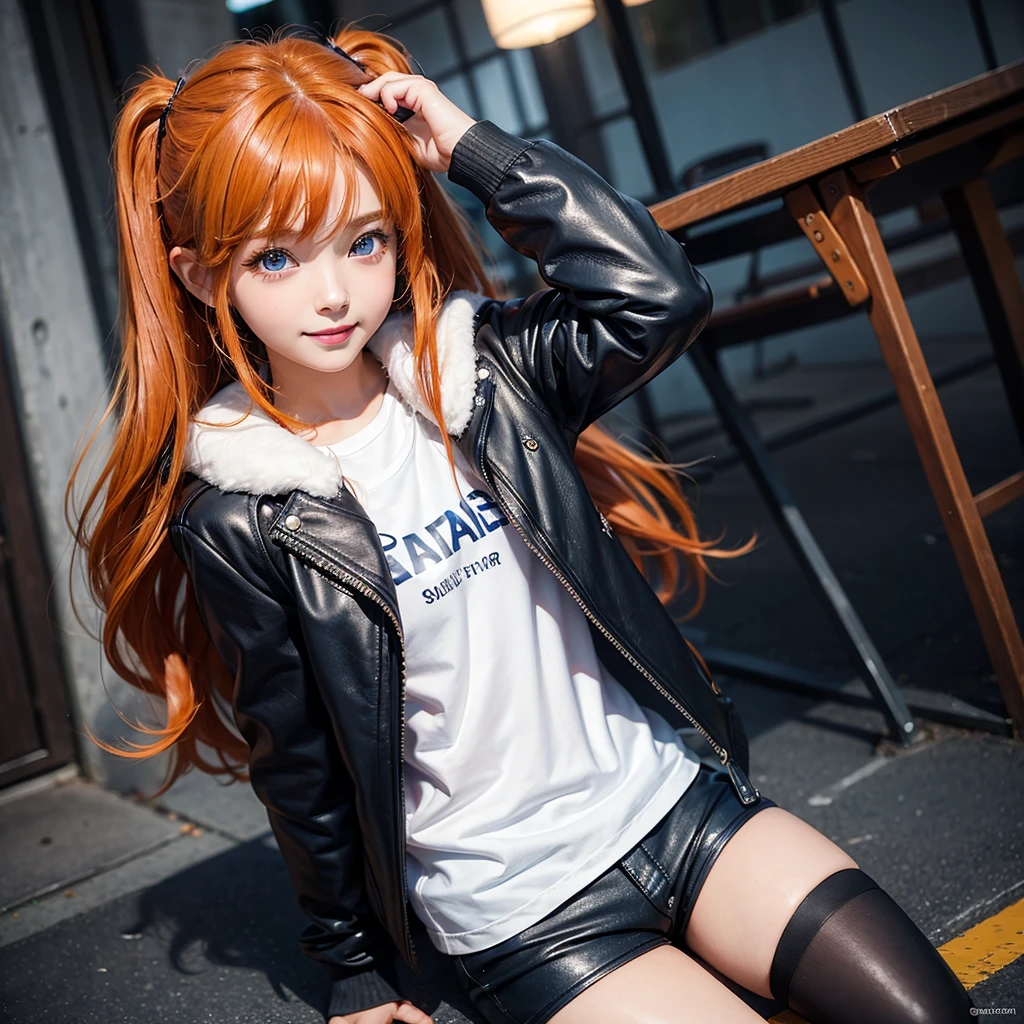 Elementary school girl,smile,Best Quality,8K,Super detailed,Highest quality,cute,fluffy,Angel,Long Hair,leather jacket,blue eyes,美しいcute女の子,Horny girl,Leather shorts,Orange hair color,Latest Fashion,Girl, girl,