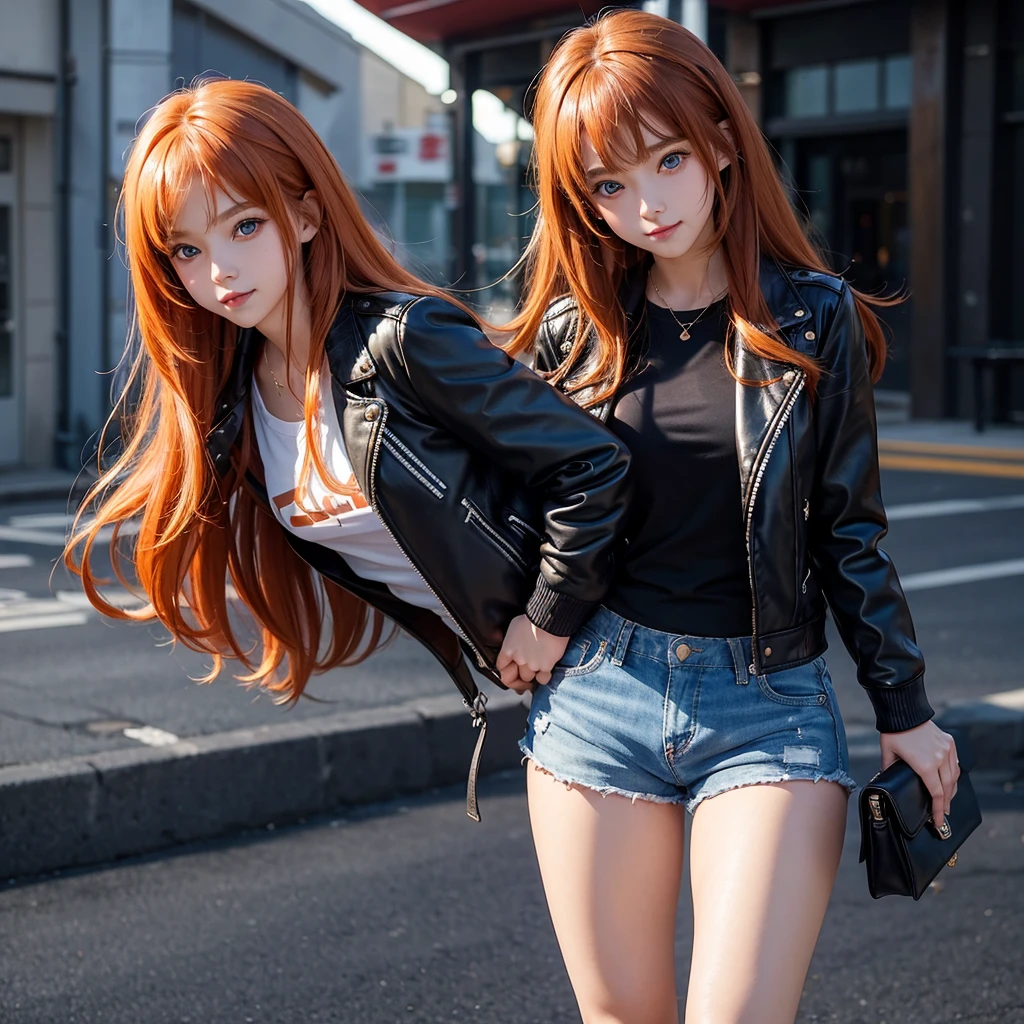 Elementary school girl,smile,Best Quality,8K,Super detailed,Highest quality,cute,fluffy,Angel,Long Hair,leather jacket,blue eyes,美しいcute女の子,Horny girl,Leather shorts,Orange hair color,Latest Fashion,Girl,Loli girl,