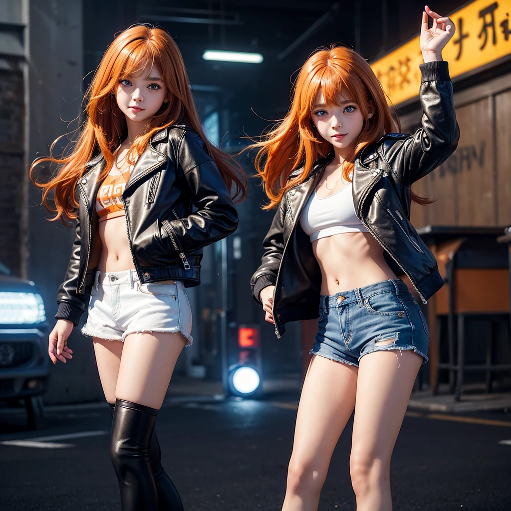 Elementary school girl,smile,Best Quality,8K,Super detailed,Highest quality,cute,fluffy,Angel,Long Hair,leather jacket,blue eyes,美しいcute女の子,Horny girl,Leather shorts,Orange hair color,Latest Fashion,Girl, girl,