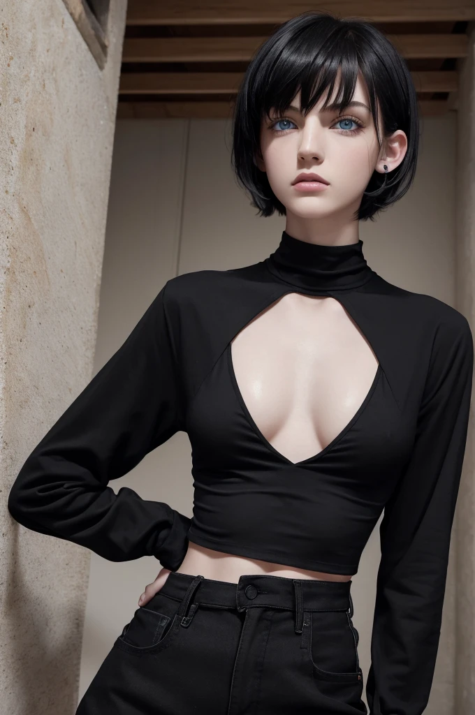 (best quality), 1boy, male, pale skin, black hair, short hair, tousled hair, messy bangs, bangs over eyes, blue eyes, perfect eyes, dark circles under eyes, lanky body, boyish, strong jawline, frown, attractive, goth boy, long sleeved black crop top, masculine body, black nails, black earstuds, masterpiece, anatomically correct, highres