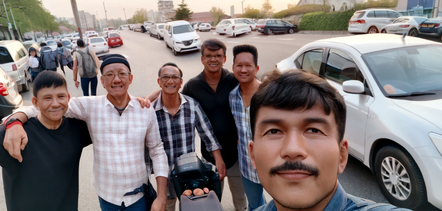 several men are standing in a parking lot with their luggage, on a road, selfie photo, without helmet, standing in road, in city street, very accurate photo, with many travelers, selfie, 8k selfie photograph, selfie!!!!!, taken with the best dlsr camera, with village, riding on the road, selfie shot straight on angle