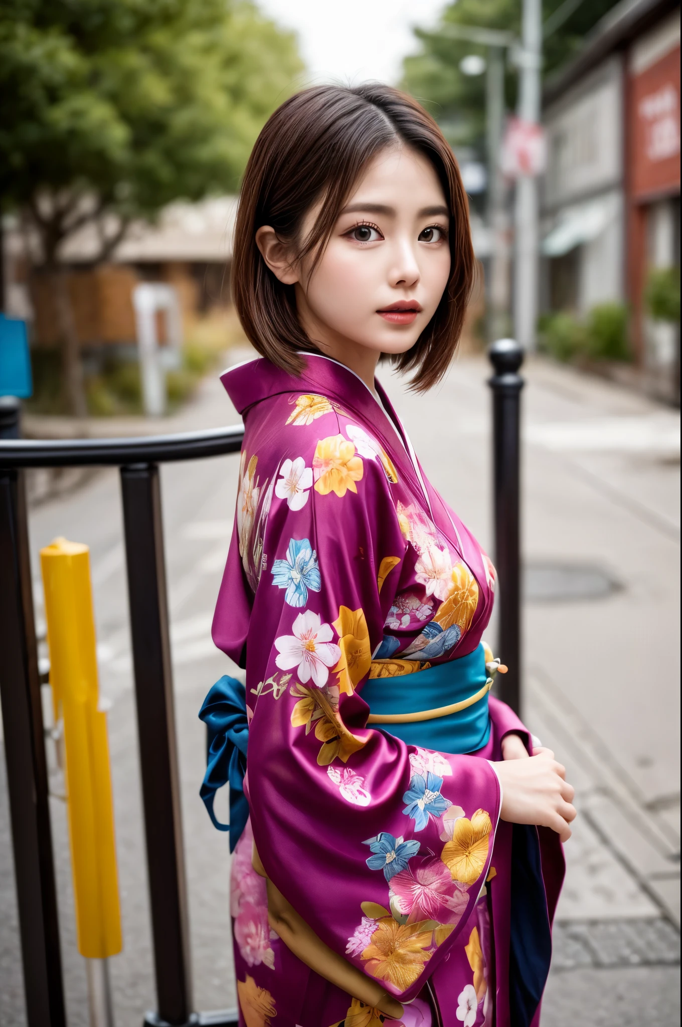 (((masterpiece))), (((Highest quality: 1.4))), ((Very detailed: 1.4)) , ulzzang-6500-v1.1, (RAW Photos:1.2), (Photorealistic), (Genuine:1.4), Sharp focus、Shot from the side、One girl, Beautiful and perfect face, One-Length Bob Cut, Japanese Clothing,kimono, 豪華なkimono、Beautiful long-sleeved kimono、Dazzling、Intricate details, Cinematic atmosphere, 8K, Very detailed