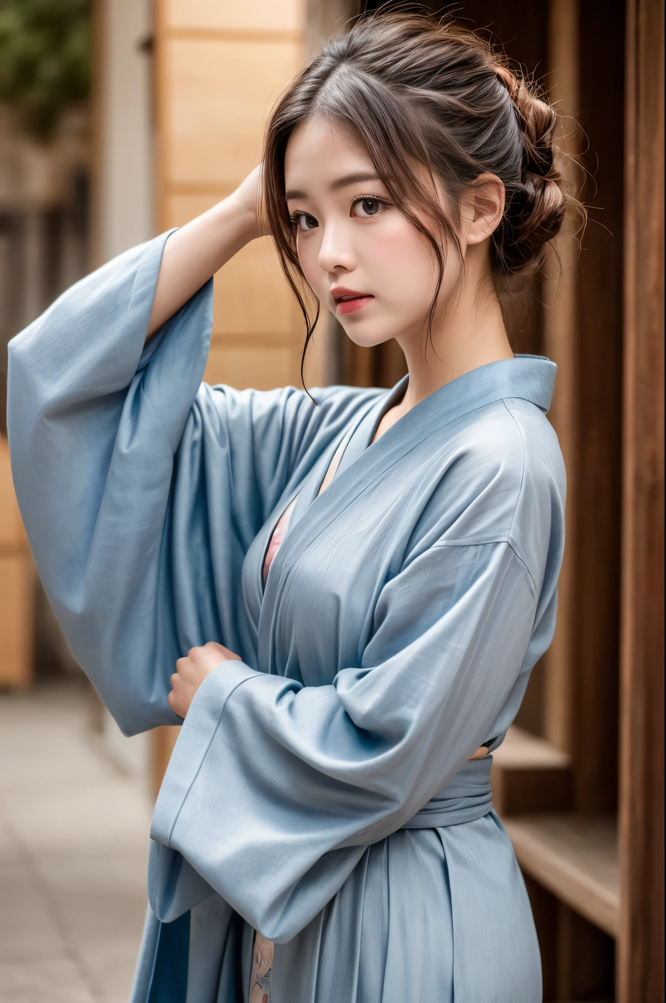 (((masterpiece))), (((Highest quality: 1.4))), ((Very detailed: 1.4)) , ulzzang-6500-v1.1, (RAW Photos:1.2), (Photorealistic), (Genuine:1.4), Sharp focus、Shot from the side、One girl, Beautiful and perfect face, One-Length Bob Cut, Japanese Clothing,kimono, 豪華なkimono、Beautiful long-sleeved kimono、Dazzling、Intricate details, Cinematic atmosphere, 8K, Very detailed