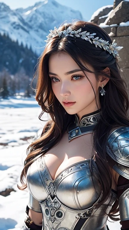 Portrait of a beautiful Barbarian warrior woman. in armor warrior outfit that is elegant and strong. She has long, wavy hair that blows in the wind. Eyes sparkling with courage and determination. Her armor was designed with intricate patterns. There are intricate metal ornaments. A large sword that glowed with a bright light. along with a shield bearing the symbol of courage She stood firmly on the snow-covered ground, near mountains and green forests. The surrounding atmosphere is full of natural beauty that is hidden in power and grandeur.
