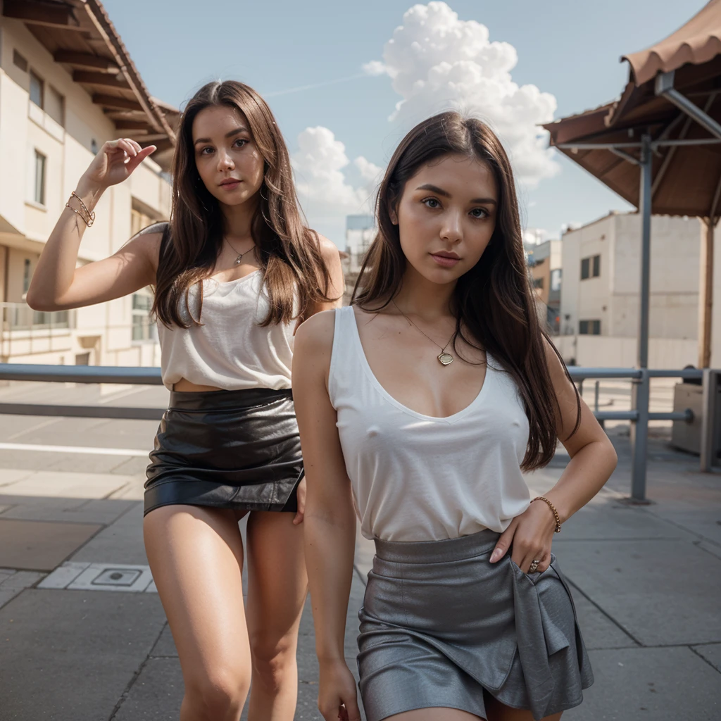 1girl in, 30 years old, Square face, Long hair, Looking at viewer, jewelry, Reality, Sexy, Short skirt outfit, sky background , free pose