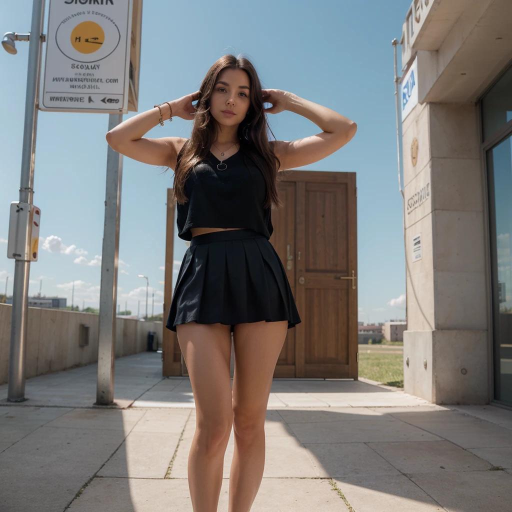 1girl in, 30 years old, Square face, Long hair, Looking at viewer, jewelry, Reality, Sexy, Short skirt outfit, sky background , free pose