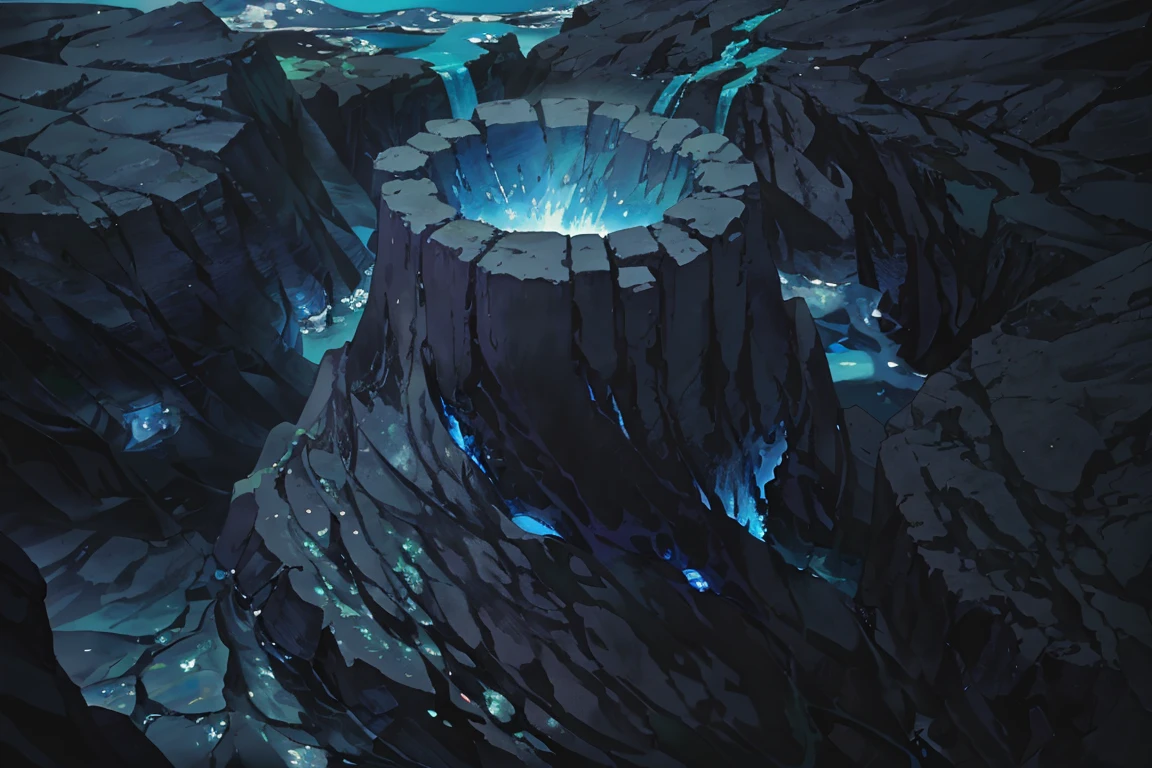 summer, blue lava rock area, blue lava rock formation, (illustration : 1.0), Narrative composition, realistic lighting, HD detail, masterpiece, best quality best, (Highly detailed CG integrated 8k wallpaper), wide and flat rocky area, A small, sharp, rough rock at the top of the screen., Blue liquid flowing through a crevice in the rock,
