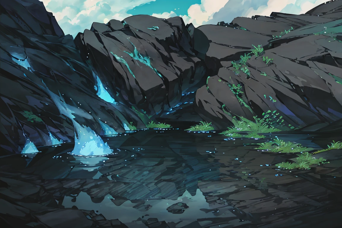 summer, blue lava rock area, blue lava rock formation, (illustration : 1.0), Narrative composition, realistic lighting, HD detail, masterpiece, best quality best, (Highly detailed CG integrated 8k wallpaper), wide and flat rocky area, A small, sharp, rough rock at the top of the screen., Blue liquid flowing through a crevice in the rock,