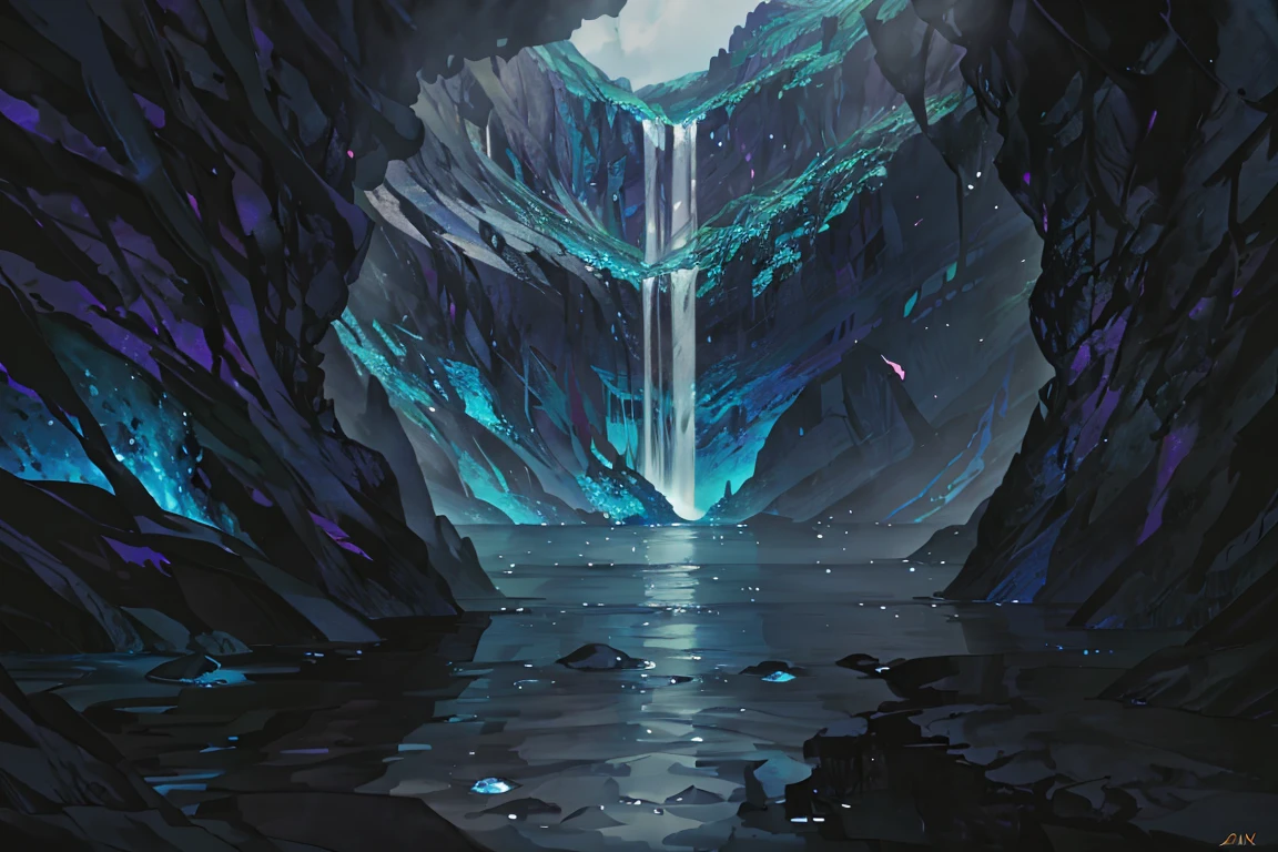 summer, blue lava rock area, blue lava rock formation, (illustration : 1.0), Narrative composition, realistic lighting, HD detail, masterpiece, best quality best, (Highly detailed CG integrated 8k wallpaper), wide and flat rocky area, A small, sharp, rough rock at the top of the screen., Blue liquid flowing through a crevice in the rock,