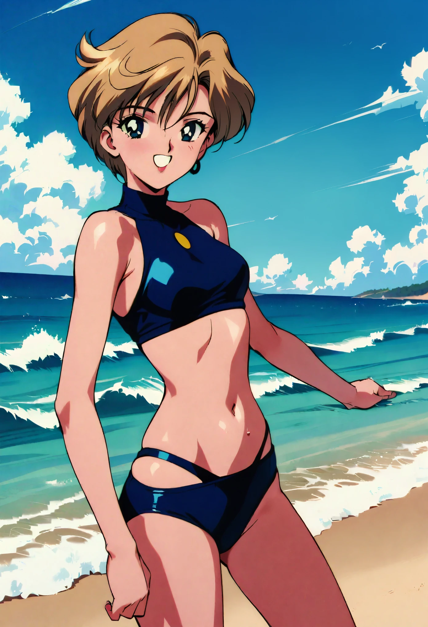 masterpiece,best quality,very aesthetic,absurdres,1990s \(style\),1girl,solo,Sailor Uranus XL,blue swimsuit,blue eyes,short hair,very short hair,1earrings,blonde hair, happy,sky,wind,cowboy shot, beach,