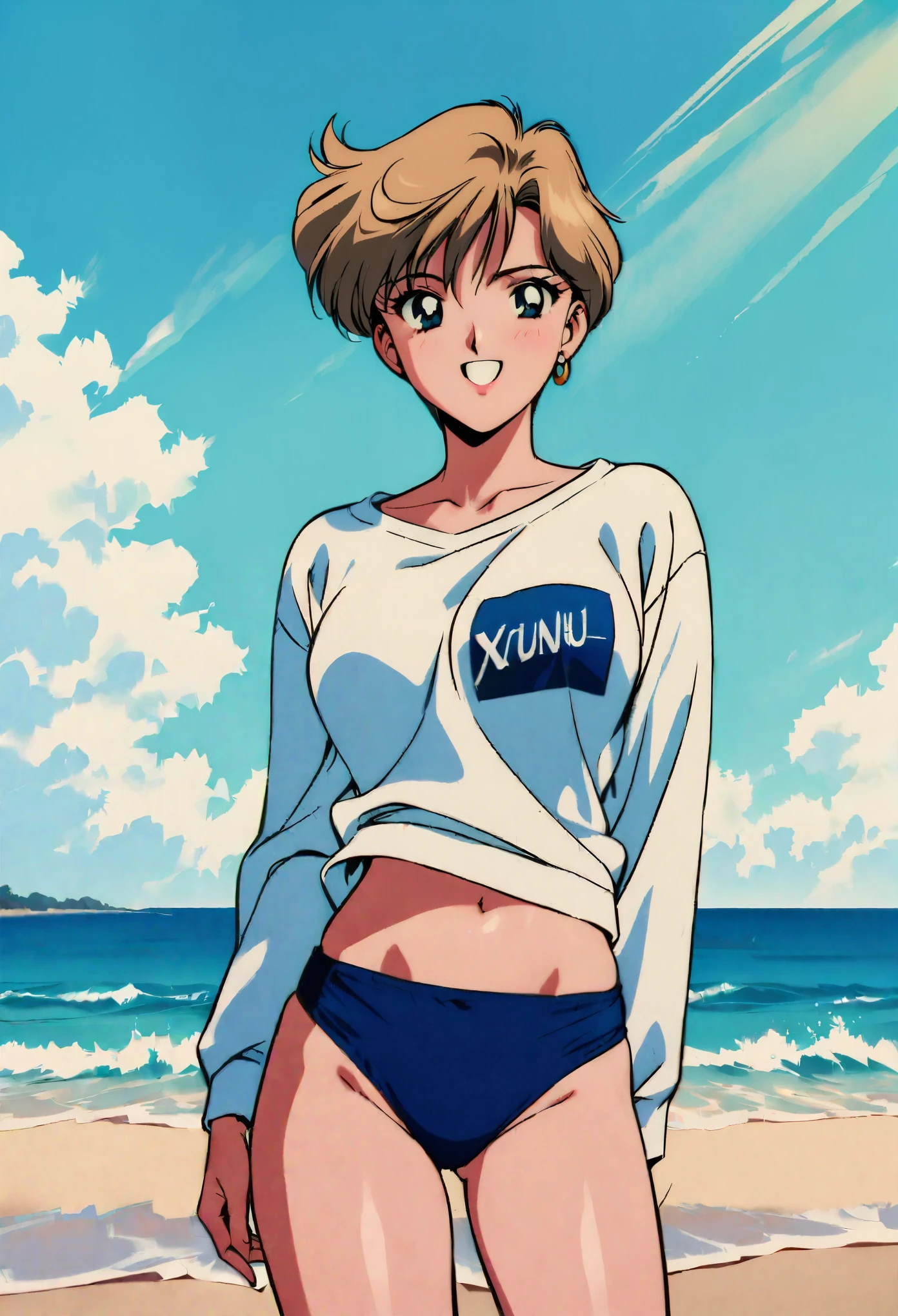 masterpiece,best quality,very aesthetic,absurdres,1990s \(style\),1girl,solo,Sailor Uranus XL,blue swimsuit,blue eyes,short hair,very short hair,1earrings,blonde hair, happy,sky,wind,cowboy shot, beach,