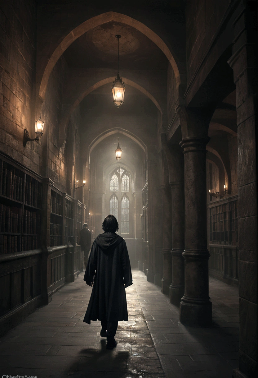 a young student severus snape walking the corridors of hogwarts castle, floating mysterious black grimoire, highly detailed portrait, dramatic lighting, moody atmosphere, cinematic composition, dark fantasy, chiaroscuro, dramatic shadows, subtle textures, intricate details, muted color palette, dramatic mood