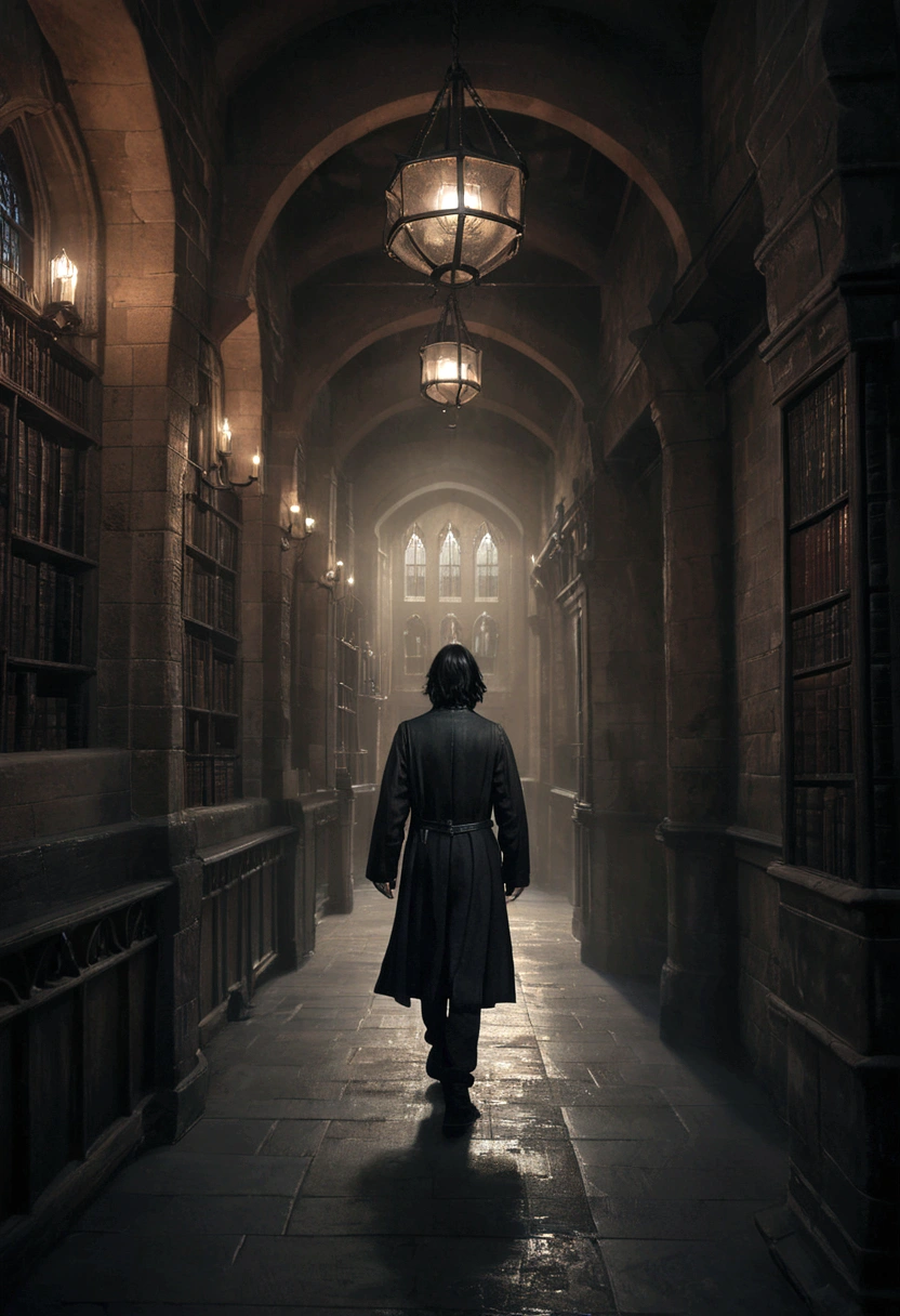 a young student severus snape walking the corridors of hogwarts castle, floating mysterious black grimoire, highly detailed portrait, dramatic lighting, moody atmosphere, cinematic composition, dark fantasy, chiaroscuro, dramatic shadows, subtle textures, intricate details, muted color palette, dramatic mood
