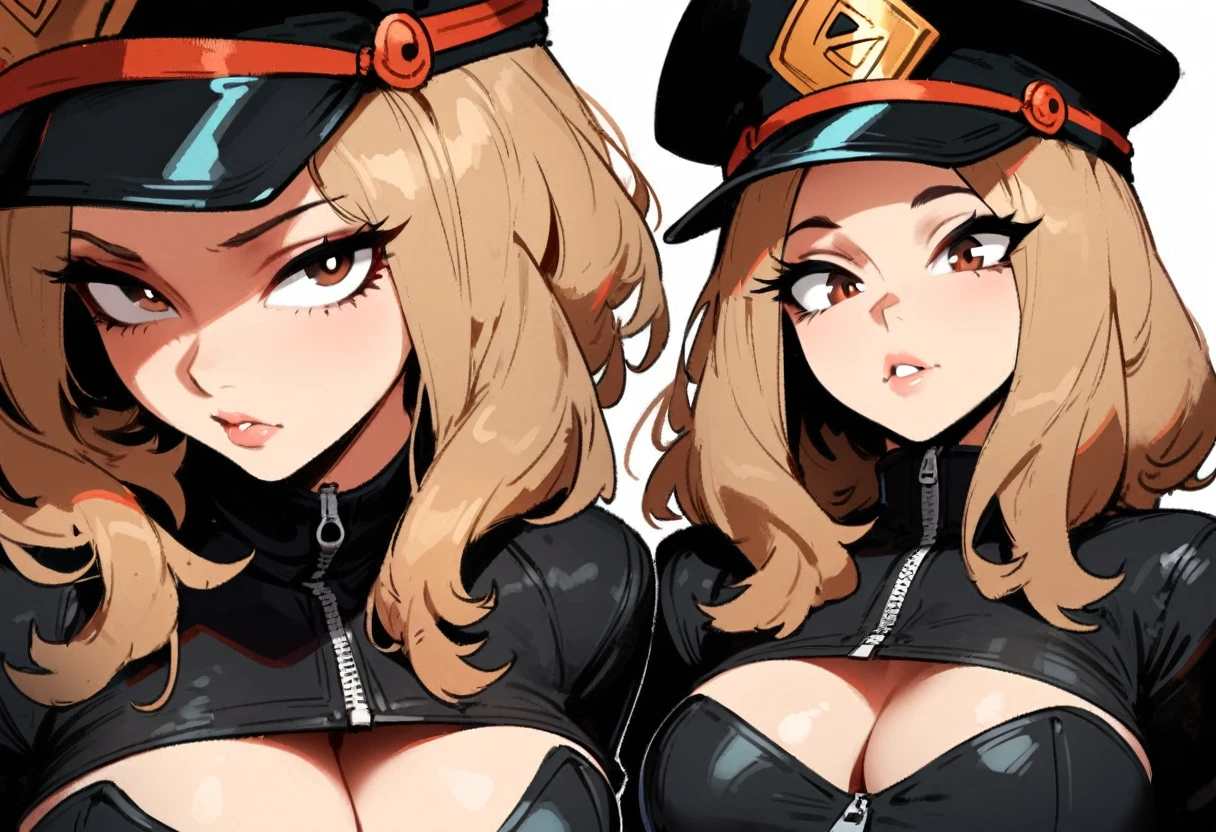 1girl, utsushimi kemii, boku no hero academia \\\\\ masterpiece, best quality, very aesthetic, absurdres, newest \\\\\\ slim body,///// ,by nyantcha,cutesexyrobutts , by khyle,,////// beautiful face, light brown hair ,plump and glossy lips, . , looking at viewer, close-up, dark brown eyes,, cap, black catsuit with a zipper running down the middle, left slightly down to reveal her cleavage. She wears white cuffs around her wrists,,standing, white background, back view, two view, 2shots