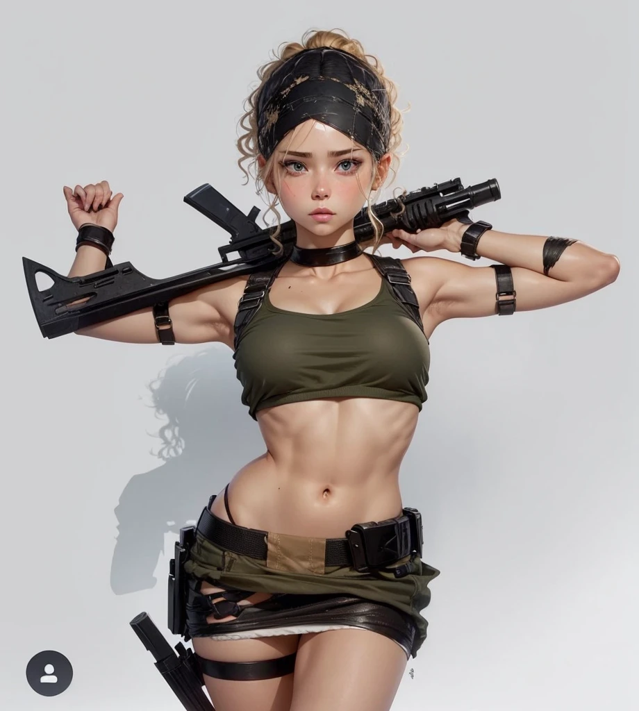 beautiful girl , sexy slim fit body , gorgeous eyes , crop top , mini skirt , tied up curly blonde hair, carrying a weapon behind her head, blushed cheeks 