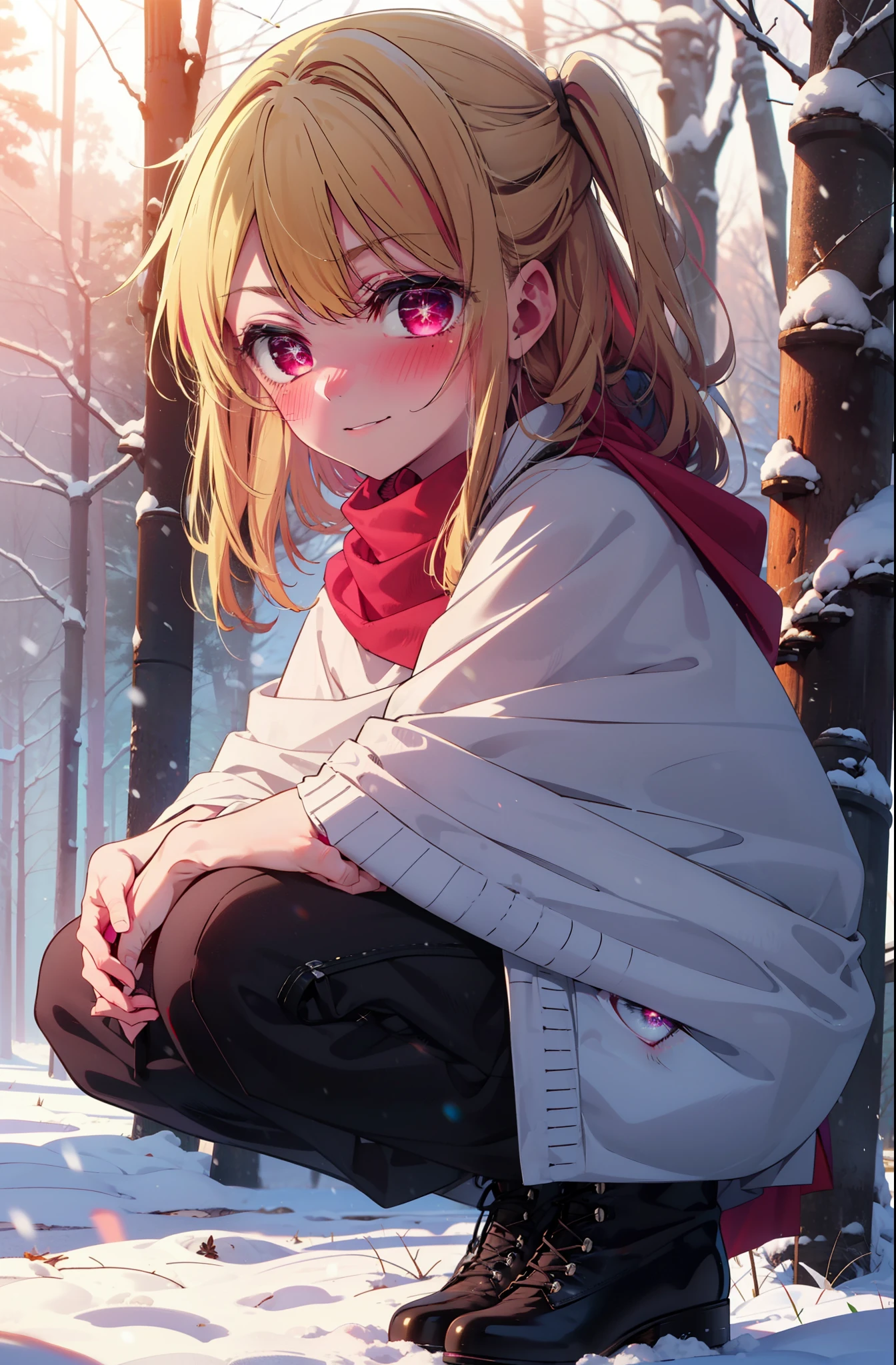 rubyhoshino, Hoshino Ruby, Long Hair, bangs, Blonde, (Pink Eyes:1.3), Side Lock, (Symbol-shaped pupil:1.5), Multicolored Hair, Two-tone hair, smile,,smile,blush,White Breath,
Open your mouth,snow,Ground bonfire, Outdoor, boots, snowing, From the side, wood, suitcase, Cape, Blurred, , forest, White handbag, nature, Squat, Mouth closed, Cape, winter, Written boundary depth, Black shoes, red Cape break looking at viewer, Upper Body, whole body, break Outdoor, forest, nature, break (masterpiece:1.2), Highest quality, High resolution, unity 8k wallpaper, (shape:0.8), (Beautiful and beautiful eyes:1.6), Highly detailed face, Perfect lighting, Highly detailed CG, (Perfect hands, Perfect Anatomy),