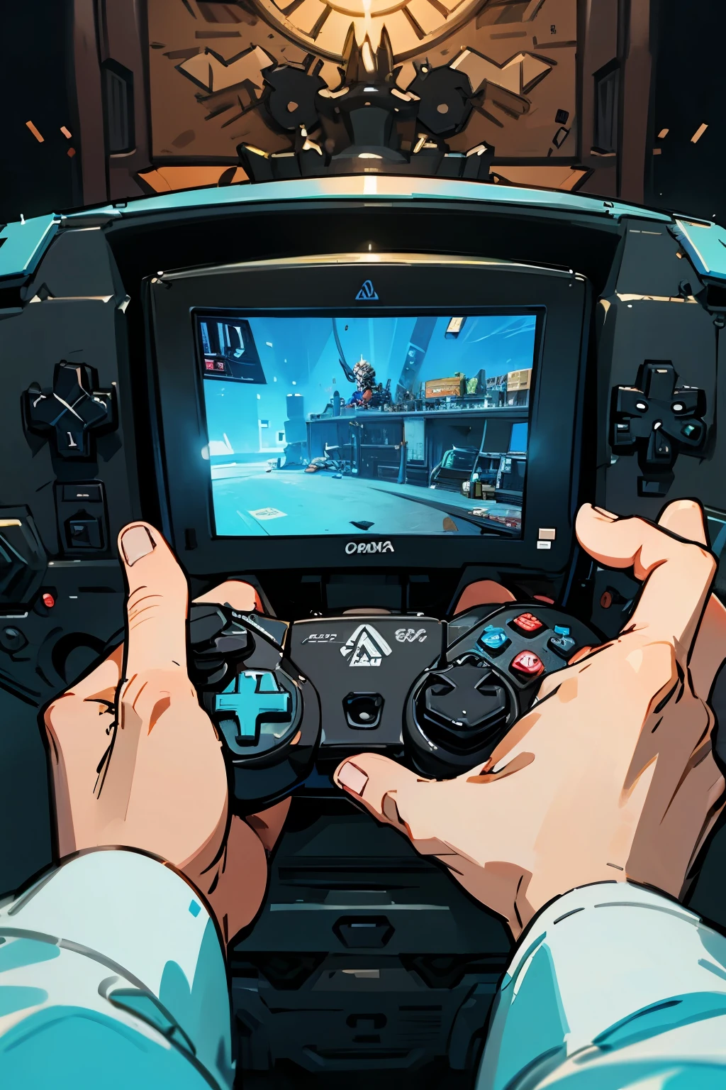 a close-up shot of a video game controller being held by a gamer in a gaming den