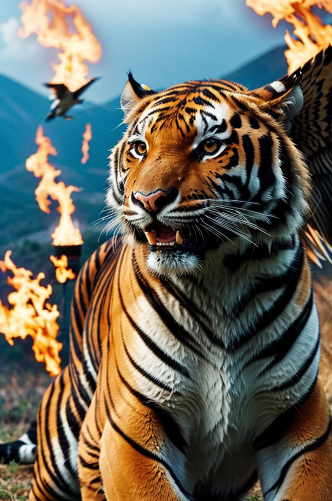 A tiger with wings flying in sky and breathing out fire