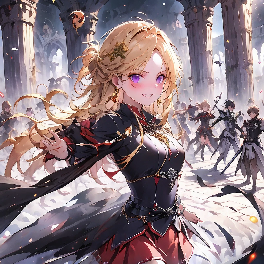 dark persona, Feeling dark energy, ecstasy, looking at viewer, armor, fighting stance, happy, blush, evil grin, black leg armor, knight, long hair, octagonal yin yang mirror, purple eyes, audience, pillars of purple fire, 1 woman, black cape, runes, black dress, Ruined city, gold decoration, Summoning a dark sword, at midnight, gold hair, earring, chains, yin yang, red skirt, beautiful art, depth of field, high res, perfect face, detailed outfit