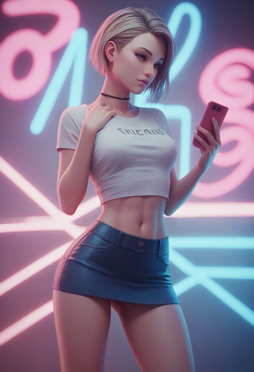 girl in a very short skirt, in neon background, 3D wallpaper for phone.