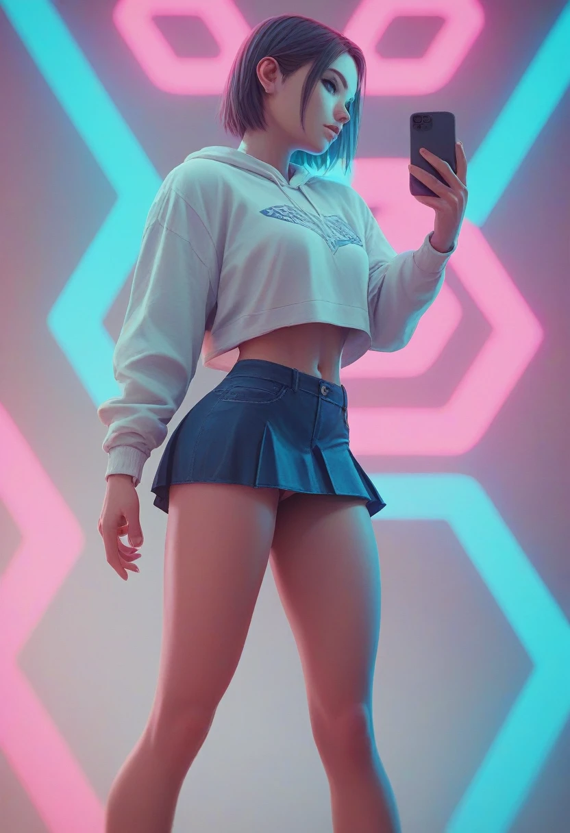 girl in a very short skirt, in neon background, 3D wallpaper for phone.